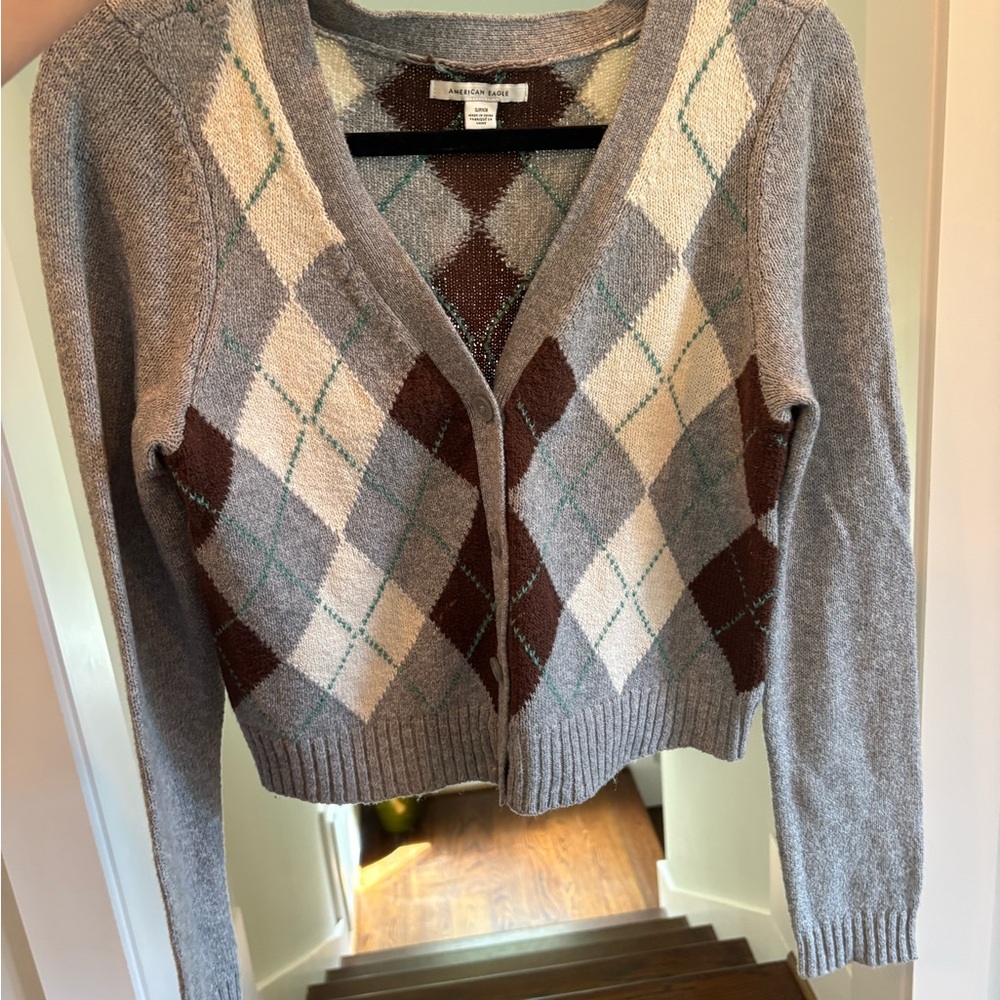 American Eagle Outfitters Gray and Brown Argyle Cardigan